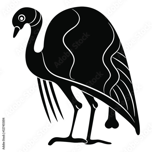 Stylized bird. Standing fowl. Ancient Greek animal design. Folk vase painting style. Black and white negative silhouette.