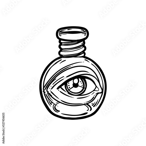 Magic potion: bottle with eye inside. Vector illustration isolated on white. ...