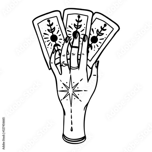 Tarot cards in fortune teller hands with tattoo. Astrology, witchcraft, book of spells. Hand drawn art, bohemian design, vector illustration isolated on white background.