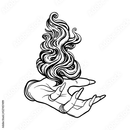 Hand of witch with fire. Mystic character. Alchemy, religion, spirituality, occultism, tattoo art. Isolated vector illustration. Halloween concept, coloring book for adults.