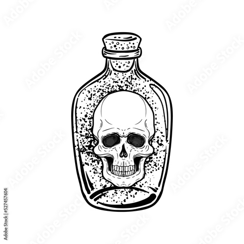 Magic potion: black bottle with moon and stars inside. Vector illustration is...