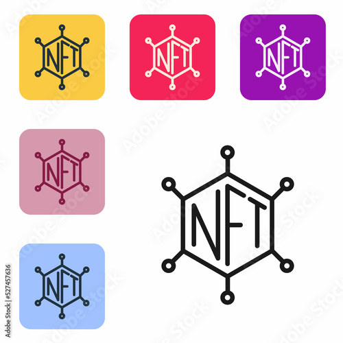 Black line NFT blockchain technology icon isolated on white background. Non fungible token. Digital crypto art concept. Set icons in color square buttons. Vector