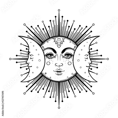 Sun and Triple moon pagan Wicca moon goddess symbol. Three-faced Goddess Maiden - Mother -Crone isolated vector illustration. Tattoo, astrology, alchemy, boho and magic symbol. Coloring book.