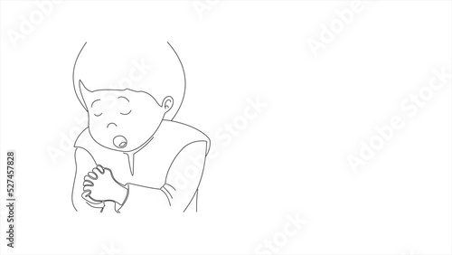 Cute boy is praying with folded hands. Line drawing. Religion and Christianity education concept