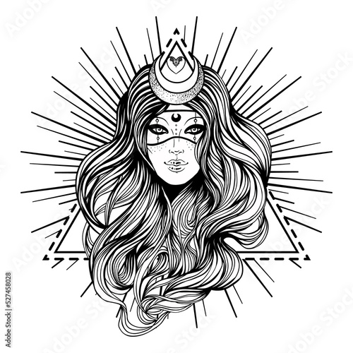 Young beautiful witch. Mystic character. Alchemy, spirituality, occultism, ta...