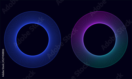 Abstract colorful circles with spirograph effect isolated on black background. Spiral element , wireframe geometric shape. Vector illustration.