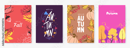 Autumn season poster collection. Abstract illustrations with autumn forest, fallen leaves, colorful foliage and typography. Ideal for event invitation, print, discount voucher, ad. Vector eps 10
