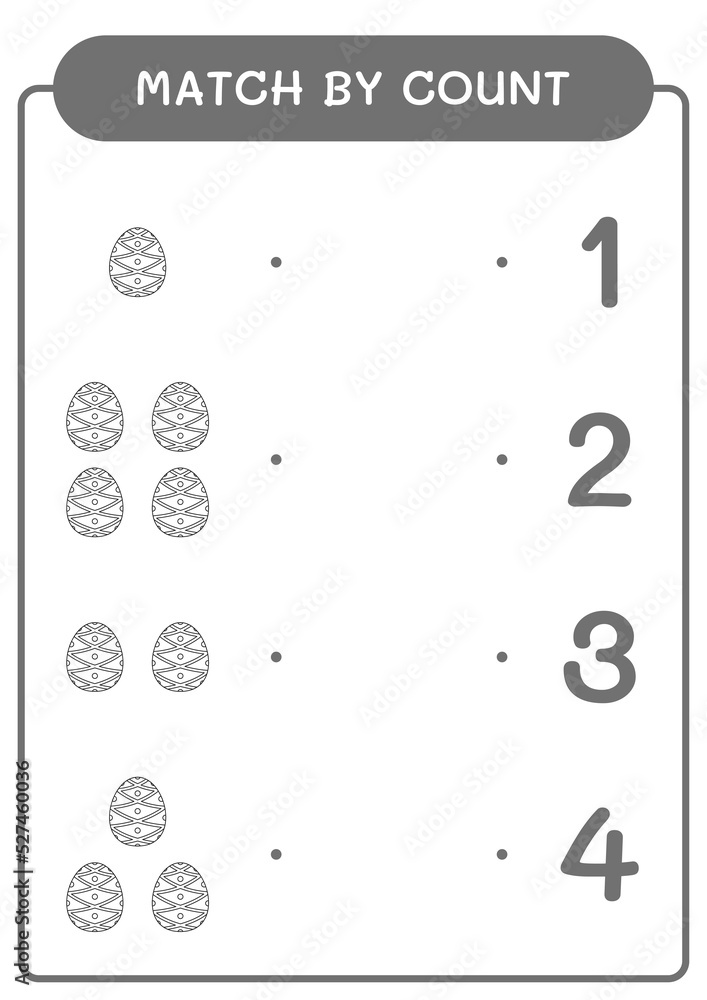 Match by count of Easter egg, game for children. Vector illustration, printable worksheet Match by count of Easter egg, game for children. Vector illustration, printable worksheet