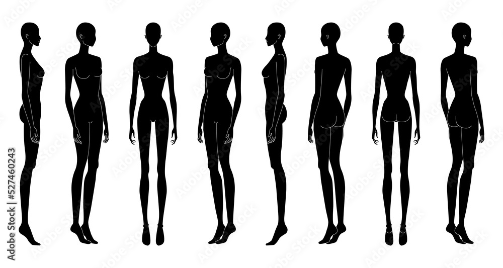 Set of XS size Women silhouette Fashion template 9 nine head Croquis