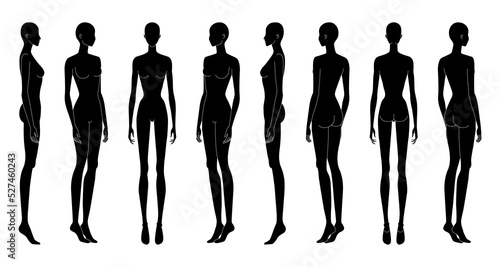 Set of XS size Women silhouette Fashion template 9 nine head Croquis Lady model skinny body figure front, side, 3-4, back view. Vector outline isolated girl for Fashion Design, technical drawing