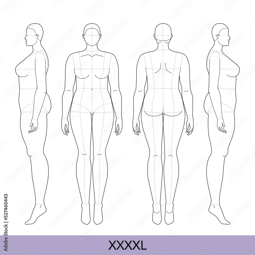 Set of XXXXL Women Fashion template 9 nine head size Croquis over plus size  Lady model Curvy body figure front, side back view. Vector outline girl for  Design, Illustration, technical drawing Stock