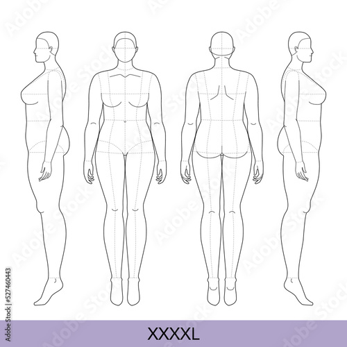 Set of XXXXL Women Fashion template 9 nine head size Croquis over plus size Lady model Curvy body figure front, side back view. Vector outline girl for Design, Illustration, technical drawing