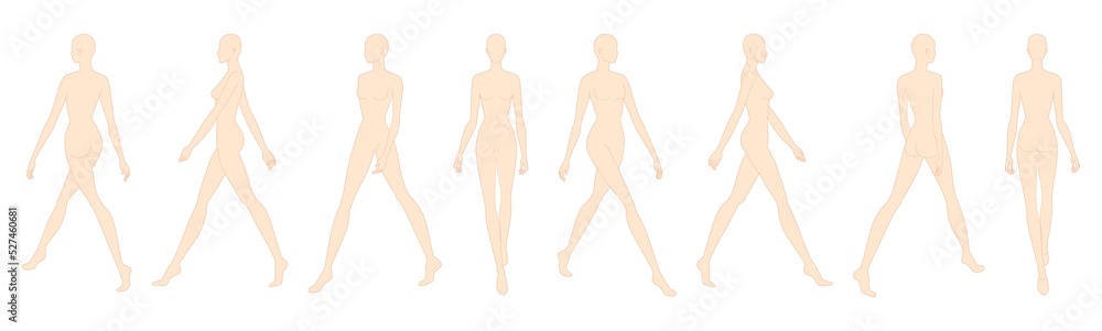 Set of Walking women nude Fashion template 9 nine head size female for technical drawing. Lady figure front, side, 3-4 and back view. Vector outline girl for fashion sketching and illustration. Set of Walking women nude Fashion template 9 nine head size female for technical drawing. Lady figure front, side, 3-4 and back view. Vector outline girl for fashion sketching and illustration.