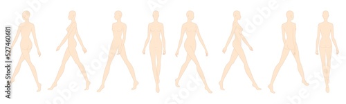 Set of Walking women nude Fashion template 9 nine head size female for technical drawing. Lady figure front, side, 3-4 and back view. Vector outline girl for fashion sketching and illustration.