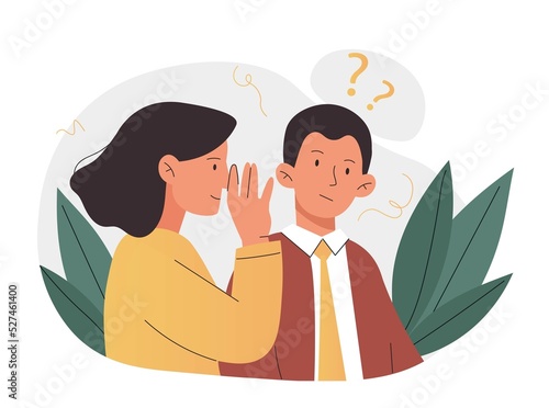 Whispering in ear. Woman tells man secrets, gossip and rumors. Friends communicate, share information and news. Conversation and interaction, concept of manipulating. Cartoon flat vector illustration