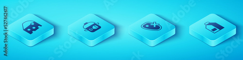 Set Isometric Cheese, Cooking pot and chicken leg, Paper package for milk and No meat icon. Vector