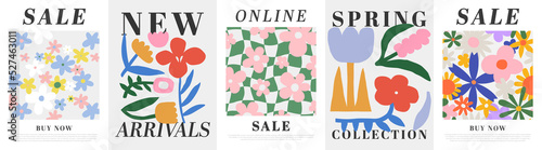 Web sale floral template illustration set. Flower art business print collection of spring discount design. Vintage online promotion ad, trendy fashion store offer banner bundle.