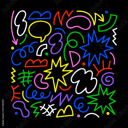 Fun colorful line doodle shape set. Creative minimalist style art symbol collection with basic shapes on black background. Simple upbeat childish drawing scribble decoration.