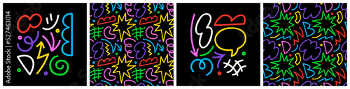 Fun colorful line pattern set. Creative comic style art background collection, trendy design with scribble shapes on black backdrop. 