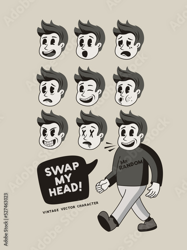 A vintage male mascot character with various faces and expressions! Vector illustration