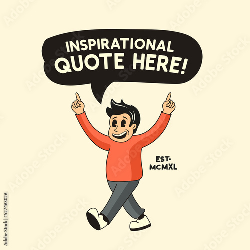 Happy vintage male character pointing up towards a message. Vector illustration.