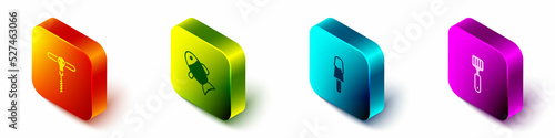 Set Isometric Wine corkscrew, Fish, Ice cream and Spatula icon. Vector