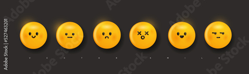 3d smile set. Collection of badges with different emotions and moods. Emoji and emoticons for social networks and messengers. Three dimensional vector illustrations isolated on black background