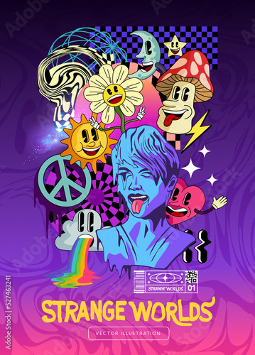 Bold acid wave psychedelic background with trippy characters and objects. Vector illustration