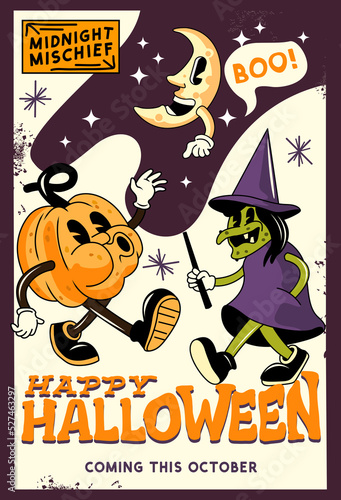 A spooky classic style halloween event layout with pumpkins and witches! Vector illustration.