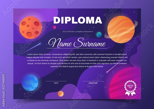 Diploma Space design. Electronic document for rewarding schoolchildren for success in astrology and astronomy. Planets, galaxies, space and stars. Alumni award. Cartoon flat vector illustration