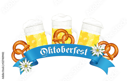 Oktoberfest Banderole mit Edelweiß, Maß Bier, Bretzeln und Text - Oktoberfest -,
Vektor Illustration isoliert auf weißem Hintergrund
