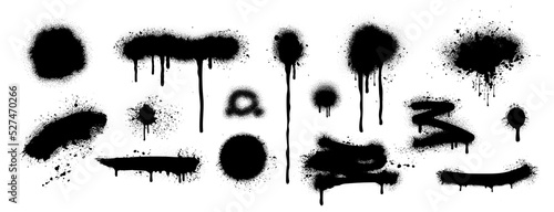 Set of dark graffity. Leaked paint or liquid, street art and grunge style collection on copy space. Abstract geometric patterns. Cartoon realistic vector illustrations isolated on white background