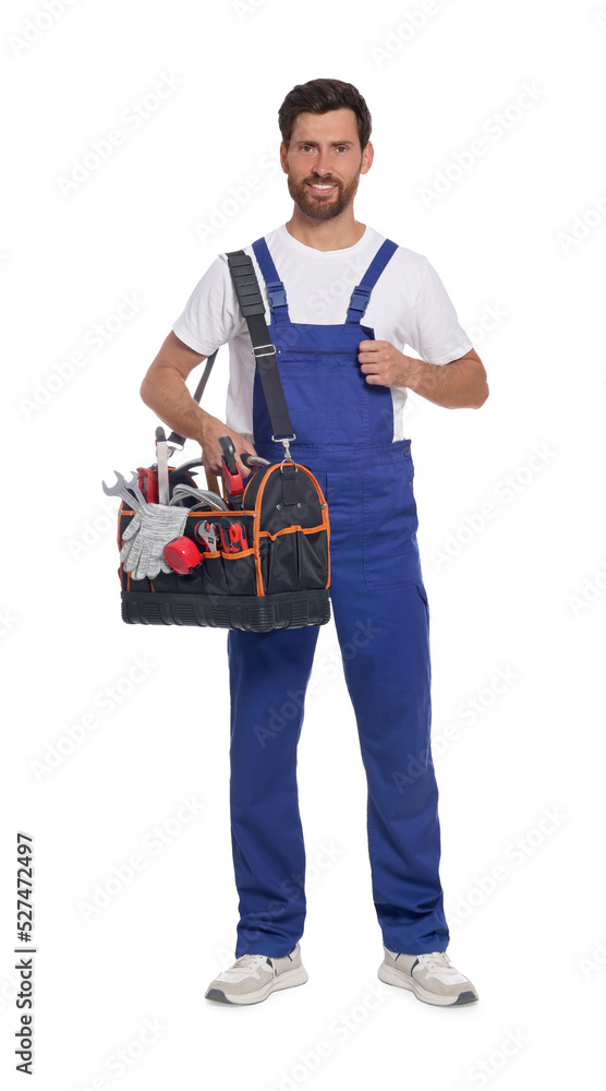 Professional plumber with tool bag on white background Professional plumber with tool bag on white background