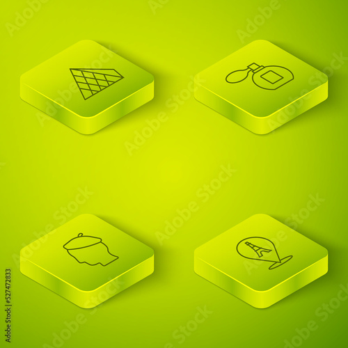 Set Isometric line Perfume, French man, Eiffel tower and Louvre glass pyramid icon. Vector