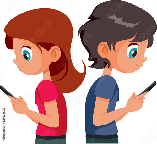 Friends Ignoring Each Other Texting on their Phone Vector Cartoon. Kids communicating via online chat having no social meaningful interactions
