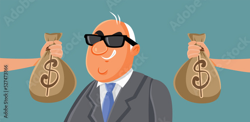 Corrupt Politician Receiving Moneybags as Bribery Vector Illustration. Man involved in white collar high level criminal activity

