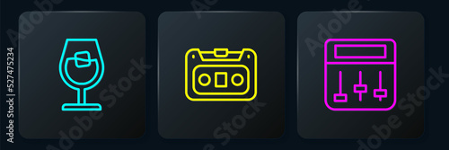 Set line Wine glass, Drum machine music and Retro audio cassette tape. Black square button. Vector