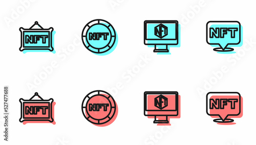 Set line Monitor with art store app, NFT Digital crypto, and icon. Vector