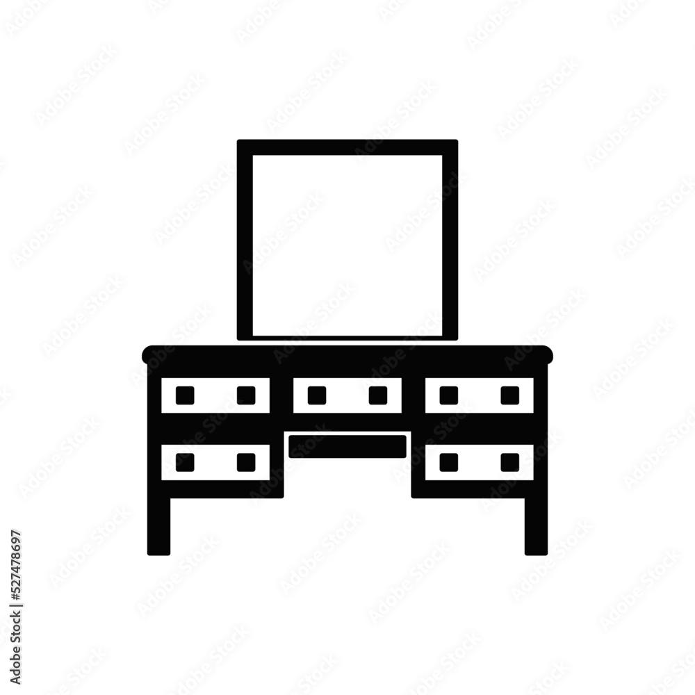 dressing table with vanity mirror icon in black flat glyph, filled style isolated on white background dressing table with vanity mirror icon in black flat glyph, filled style isolated on white background