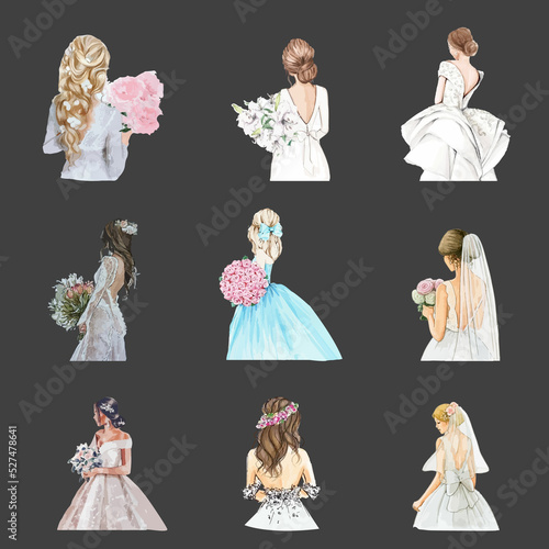 Hand drawn Bride with beautiful hairstyle flower watercolor illustration