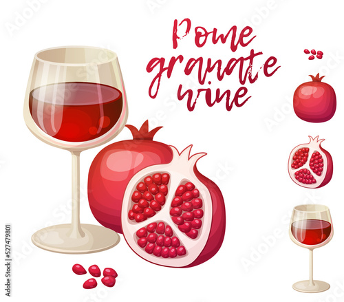 Glass of red wine and half and whole pomegranates fruits vector icons isolated on white background. Cartoon illustration of spiced drink for Rosh Hashanah evening