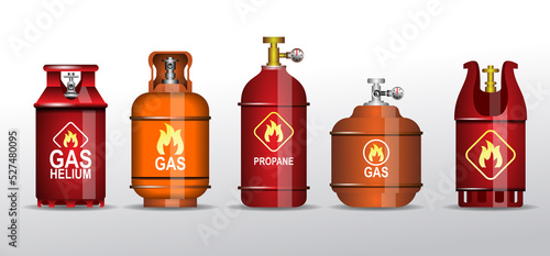 gas and fuel storage oxygen tank set. flammable 

gas cylinder container. gas cylinder containers 

of different types.
