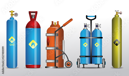 gas and fuel storage oxygen tank set. flammable 

gas cylinder container. gas cylinder containers 

of different types.
