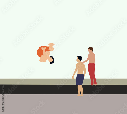 Man throwing somersault outdoors with friend. They are performing a stunt in the park. Holiday lifestyle concept. 