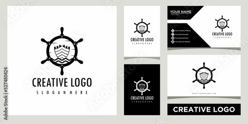 ship wheel maritime logo design template with business card design