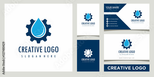 water and gear icon logo template vector with business card design