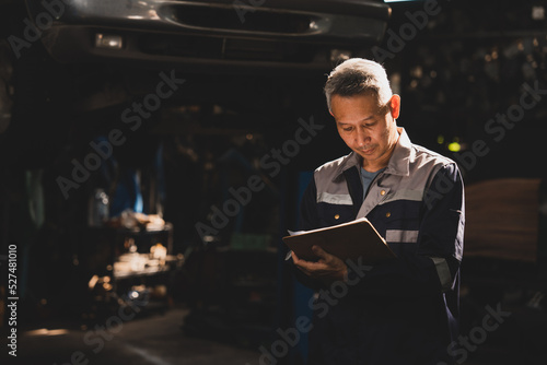 professional mechanic man person portrait concept, male inspection technician at auto car garage service, occupation work job to automobile repair vehicle and maintenance workshop, engine fix center