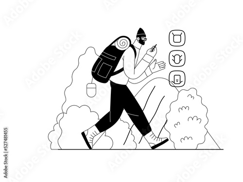 Shop everywhere - electronic commerce series - modern flat vector concept illustration of a man hiking with a travel backpack and shopping online. Promotion, discounts, sale and online orders concept