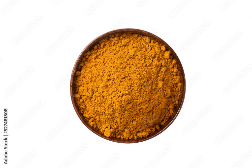 Turmeric powder in wooden bowl on white background. Turmeric powder in wooden bowl on white background.