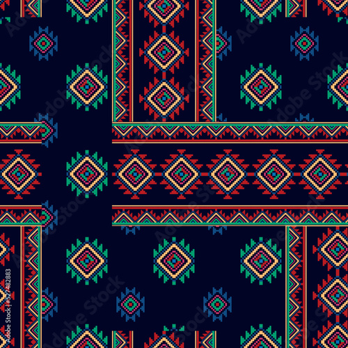 Ikat floral Hungarian polish Moravian folk ethnic seamless pattern design. Aztec fabric carpet boho mandalas textile motif decor wallpaper. Tribal flower native traditional embroidery vector 